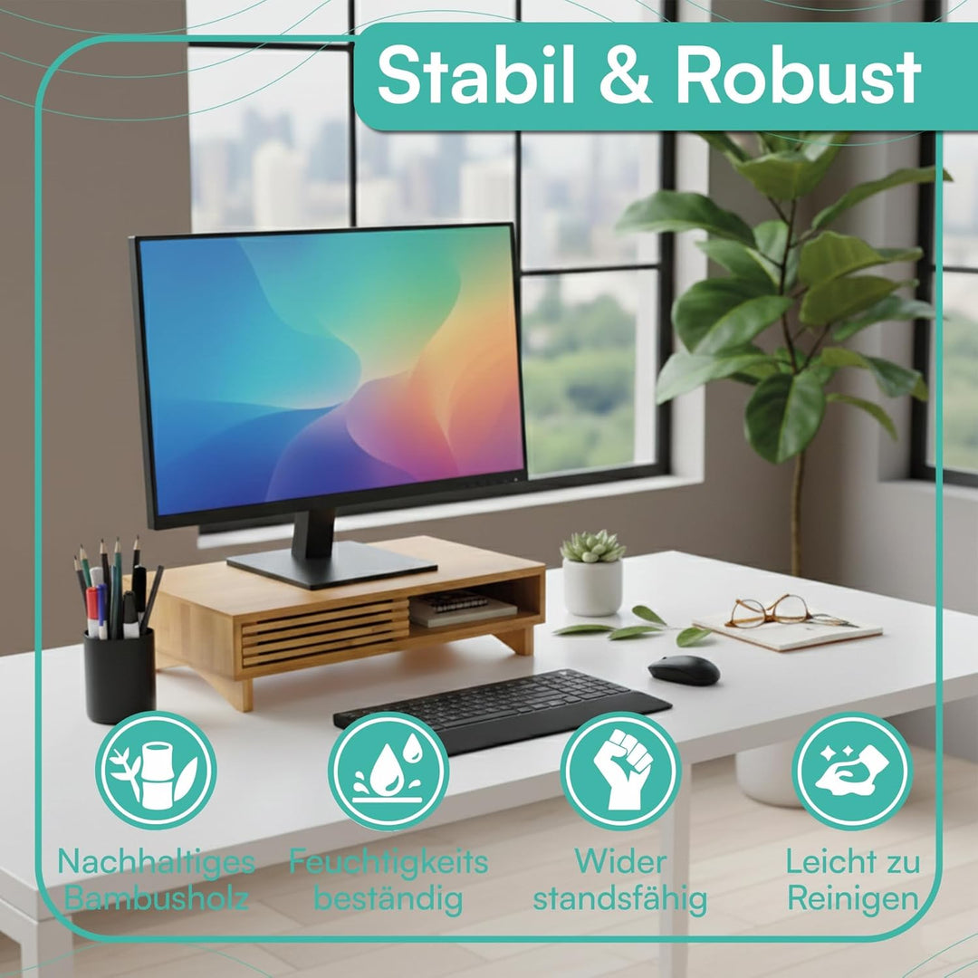pixly® Monitorständer mit Schiebefach 42x24x10,5 cm ergonomische Monitorerhöhung Holz mit Stauraum S