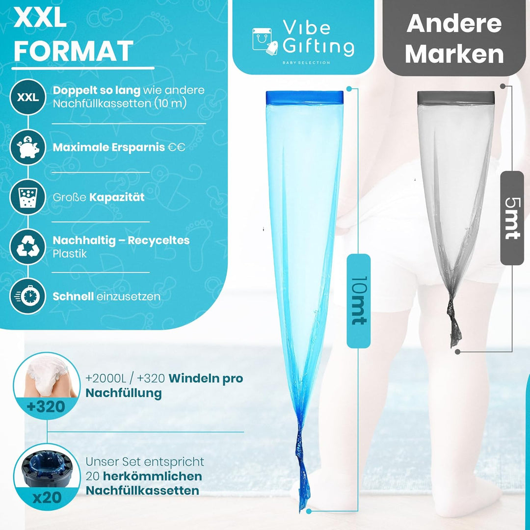 VibeGifting® XXL-Familienpackung – 9 windeleimer nachfüllfolie à 10 m, kompatibel mit Tommee Tippee