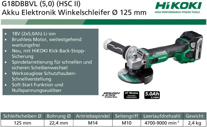 HIKOKI Winkelscheifer, G18DBBVL, (im HSC II) 125mm (5,0Ah) 18V, 2 x 5 Ah Akkus und Ladegerät im Lief