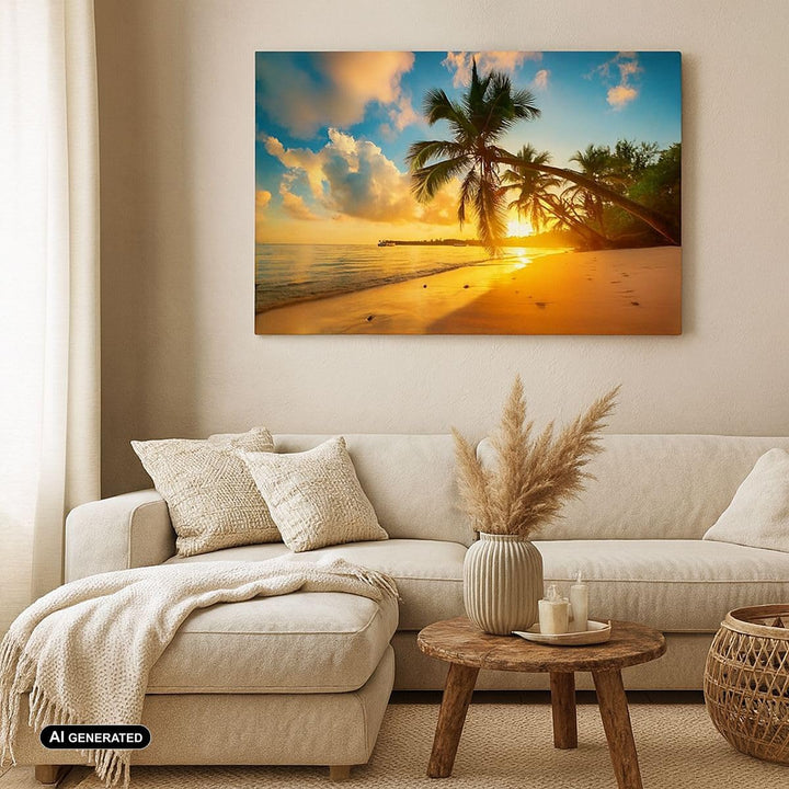 Bilder auf Leinwand 100x70cm Leinwandbild mit Rahmen Meer Strand Palme Gross Wanddeko Bild Schlafzim