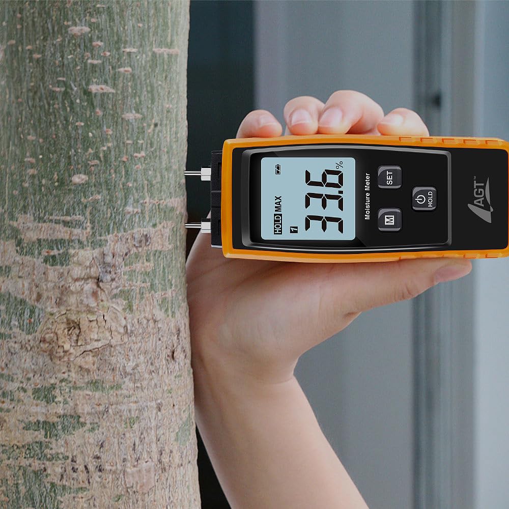 AGT Feuchtigkeitsmessgerät: Mobiler 4in1-Feuchtigkeitsdetektor, Batterie-Betrieb, LCD-Display (Holzf