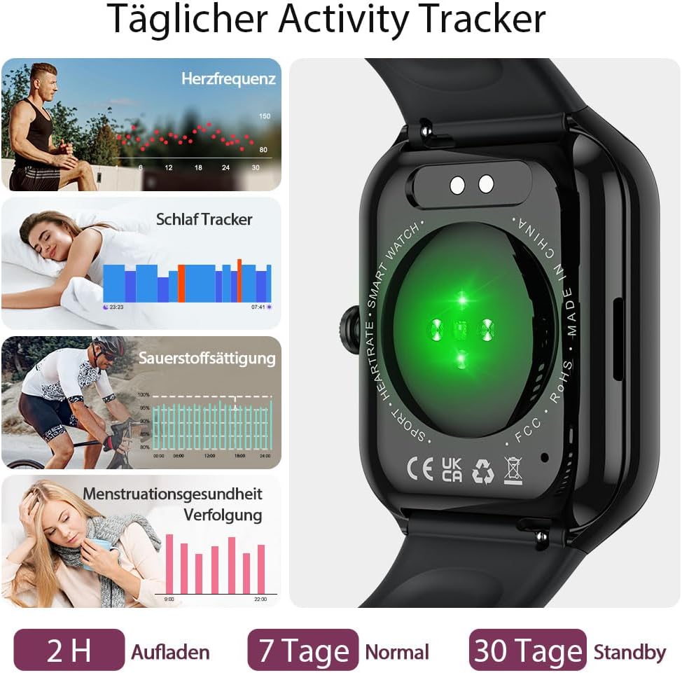 Smartwatch Damen Herren,1,96"HD Smartwatch Bluetooth-5.4-Anrufe,115+ Sportmodi Fitnessuhr, IP68 Wass