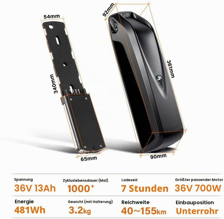 SEASON 36V Ebike Akku 13Ah 14.5Ah 15.6Ah 18Ah - Ebike Batterie passt für 750W / 500W / 250W für Elek