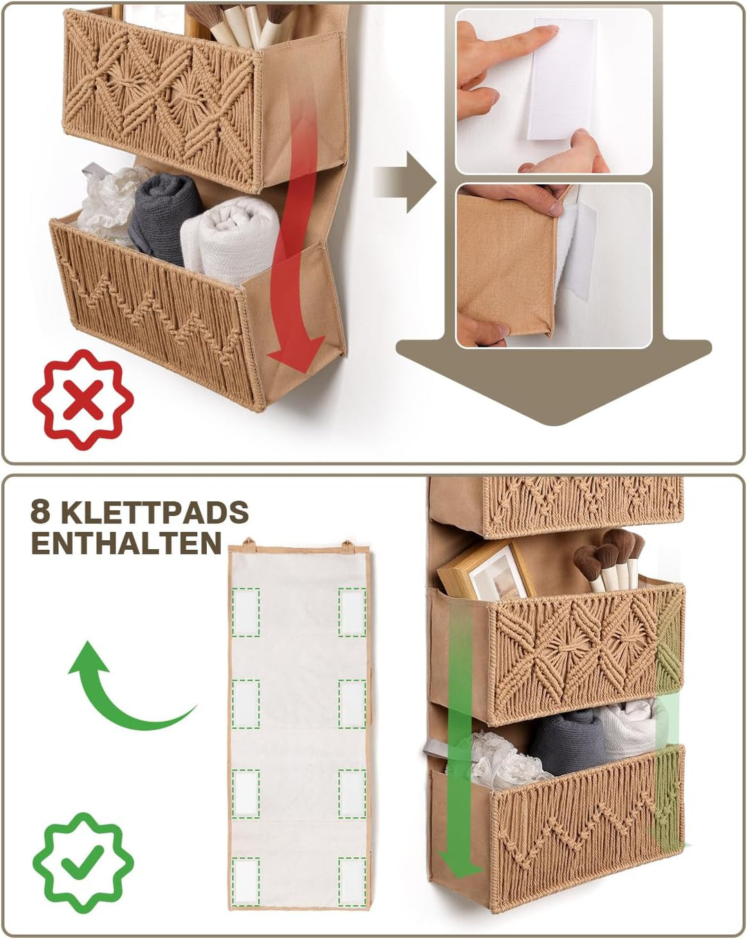 ANTIS'S HOME Handgewebter Hängeorganizer mit 4 Taschen – Boho Hängeregal für Türen, Faltbare, platzs