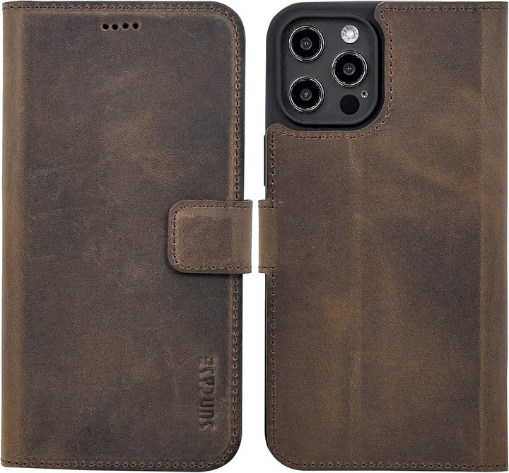 Suncase Book-Style Hülle kompatibel mit iPhone 14 Plus (6.7") Leder Tasche (Slim-Fit) Lederhülle Han