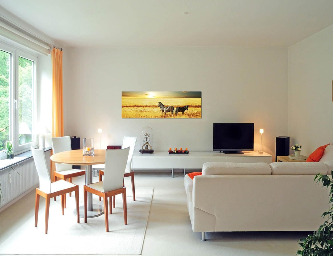 Paul Sinus Art Panoramabild auf Leinwand und Keilrahmen 150x50cm Afrika Zebras Wiese Sonnenuntergang