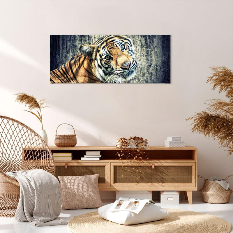 Wandbilder Dekoration Wohnzimmer Indien stein tiger wild Panorama Bilder auf Leinwand 120x50cm Leinw