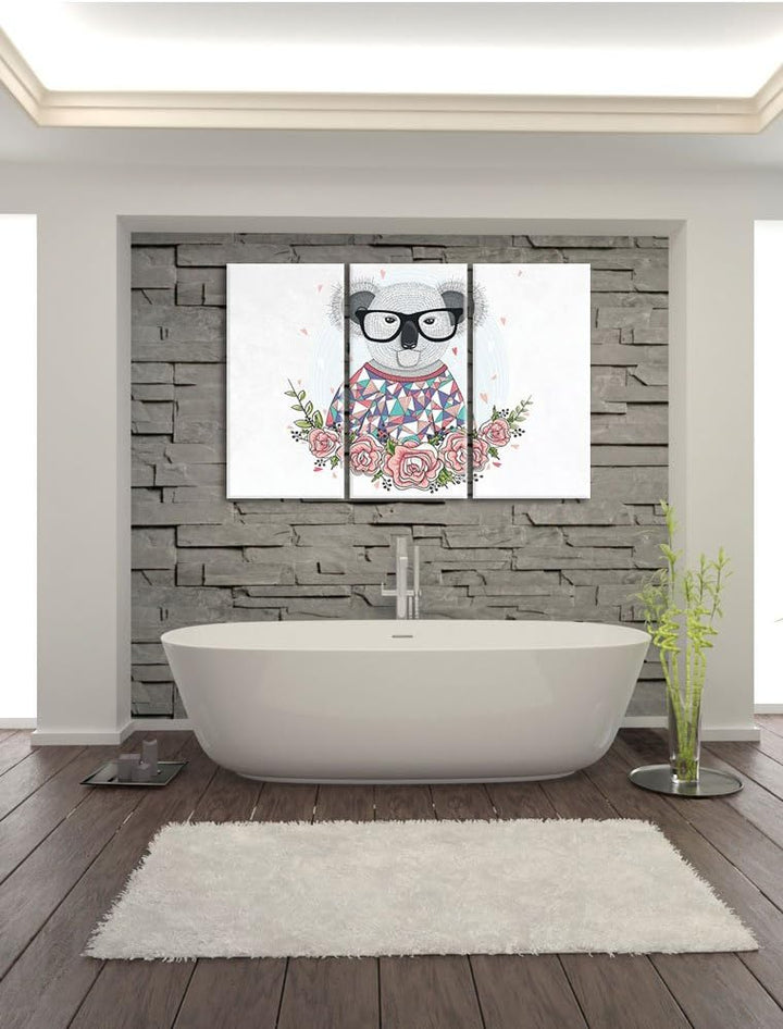 Pixxprint Hipster Koala mit Rosen weiss 3-Teiler Leinwandbild 120x80 Bild auf Leinwand