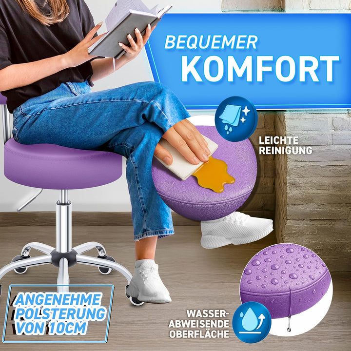 TRESKO® Rollhocker mit Lehne höhenverstellbar 10cm Dicke Polsterung Drehbar | Hocker 46-58cm | Arbei