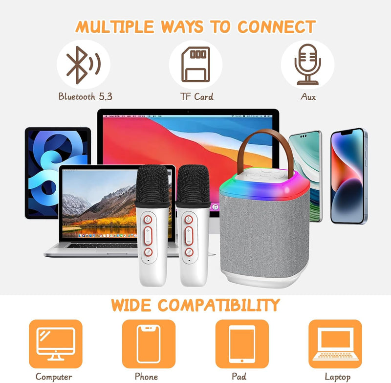 Qoosea Tragbarer Bluetooth Karaoke Maschine mit 2 Kabelloser Mikrofon, Mini Bluetooth Lautsprecher P