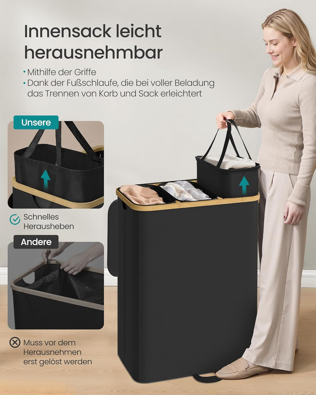 SONGMICS Wäschekorb mit Deckel, Wäschesammler, Wäschesortierer, Wäschetonne, Wäschesack herausnehmba