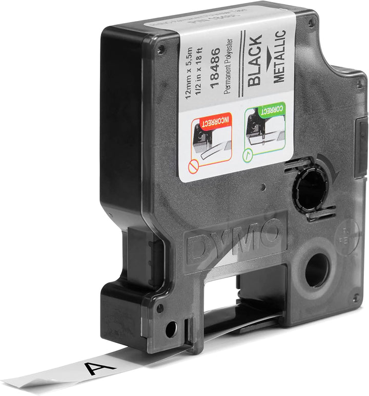 DYMO Rhino Industrie Permanente Polyesteretiketten | 12 mm x 5,5 m | Schwarz auf Metallic | selbstkl