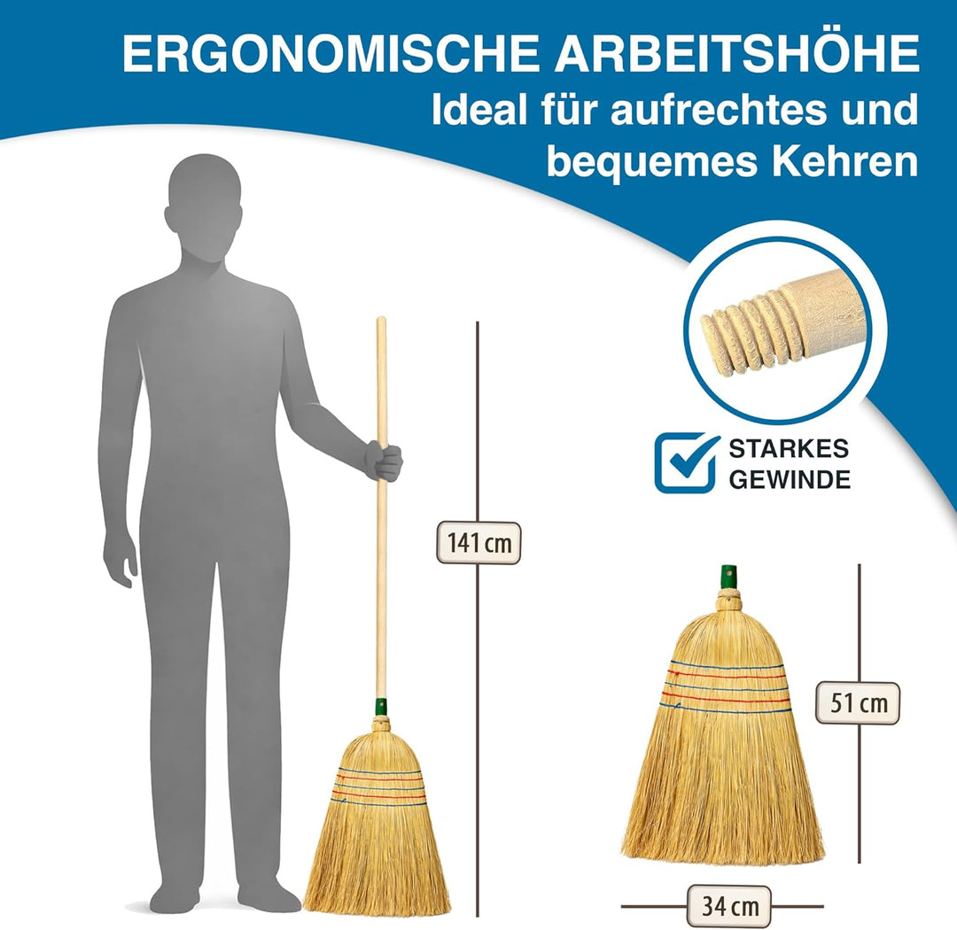 Peggy Perfect - Hochwertiger Strohbesen, Reisstrohbesen mit 5-facher Naht, Buchenholzstiel und extra