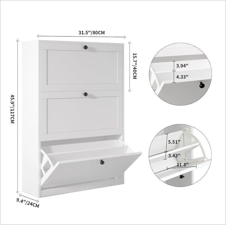 VOWNER Schuhschrank mit 3 Klappen, Schuhregal Schuhkipper Schmal, Schuhschrank Weiss, mit 6 Fächern,