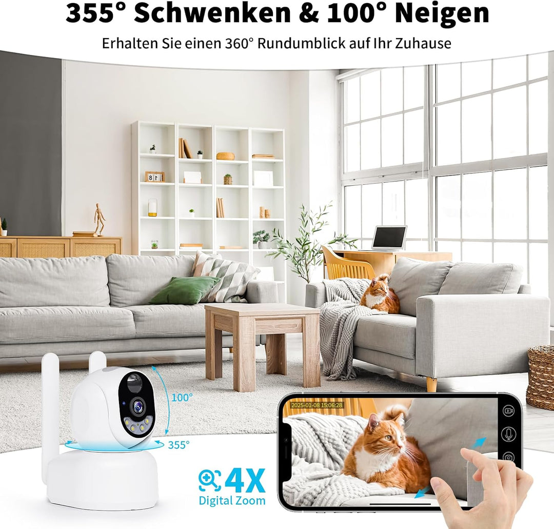 4G LTE Überwachungskamera Innen Akku mit SIM Karte, 2K PTZ Haustierkamera Ohne WLAN Indoor mit Wiede