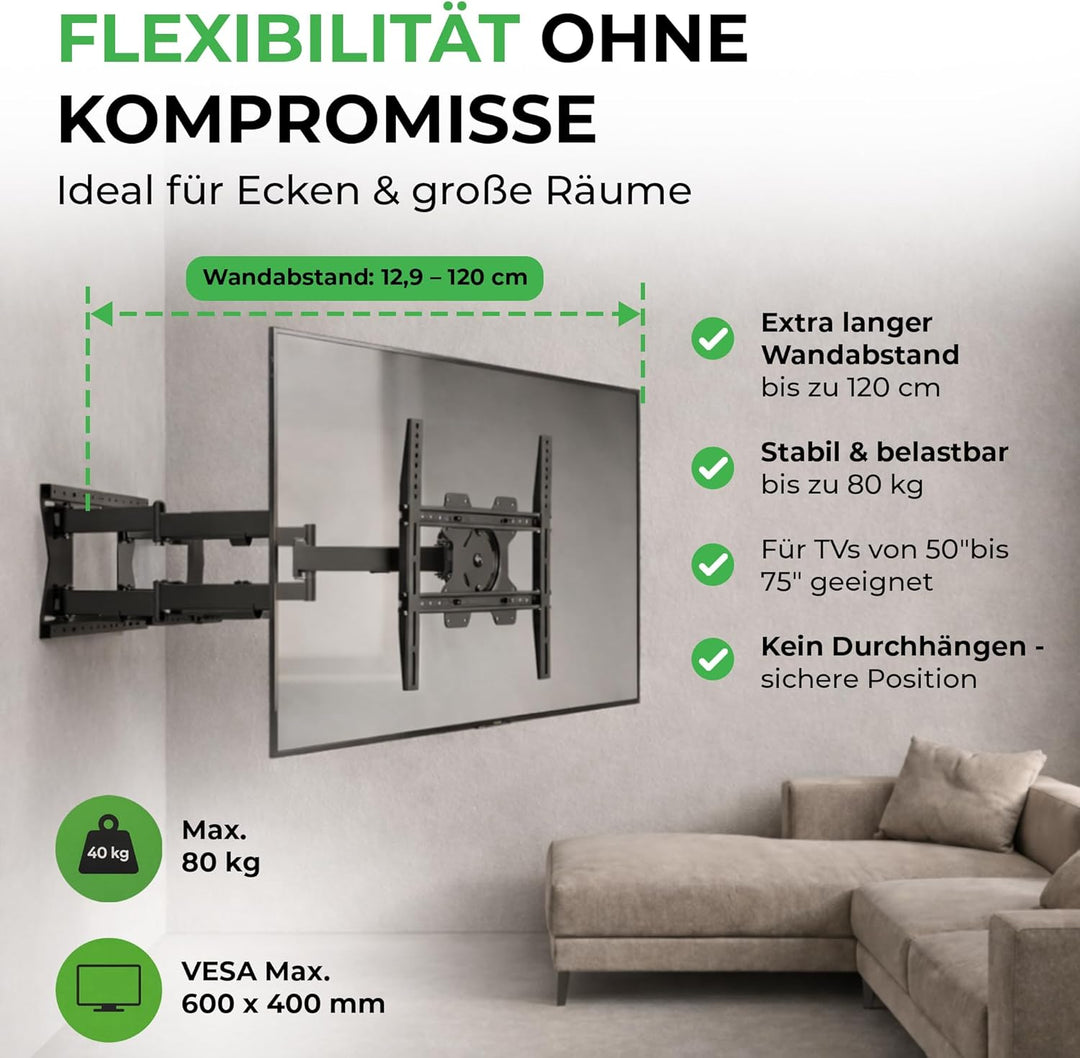 TiTon 100 cm TV-Wandhalterung mit langem Gelenkarm 50 Zoll Biz 75 Zoll – voll beweglich dreh-, Schwe