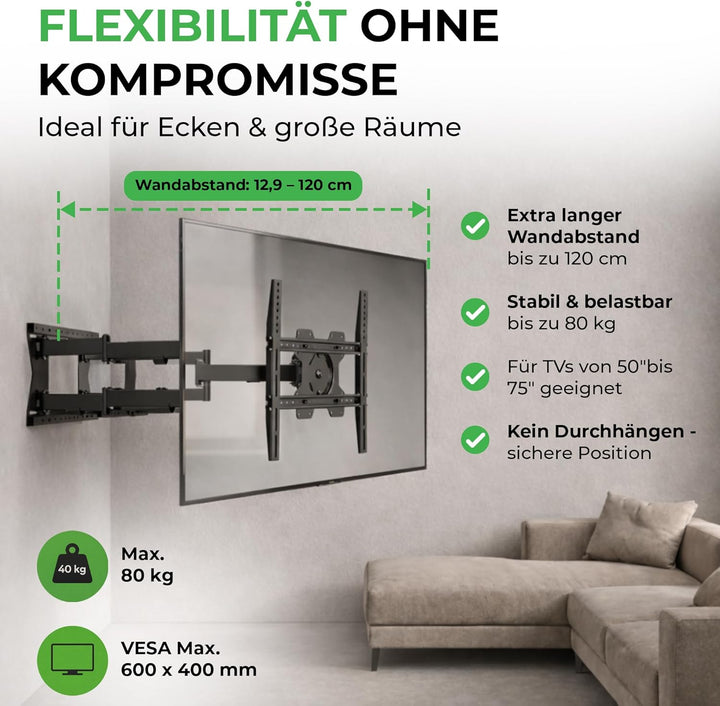 TiTon 100 cm TV-Wandhalterung mit langem Gelenkarm 50 Zoll Biz 75 Zoll – voll beweglich dreh-, Schwe
