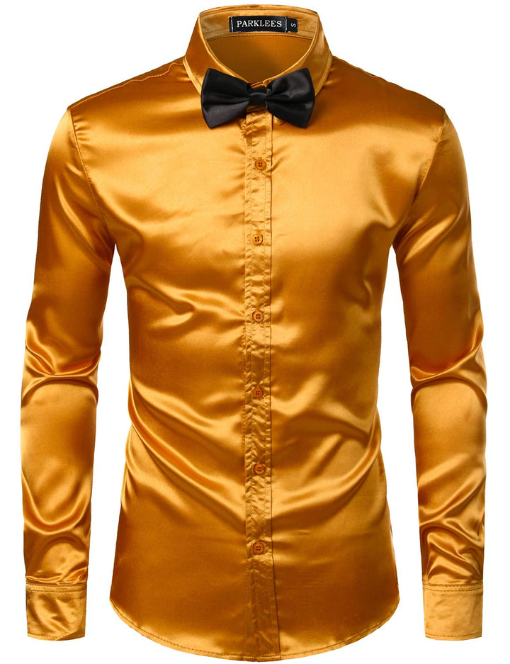 PARKLEES Herren Glänzend Slim Fit Satin Langarmhemd Frezeit Business Hemd für Party Nachtclub M Gold
