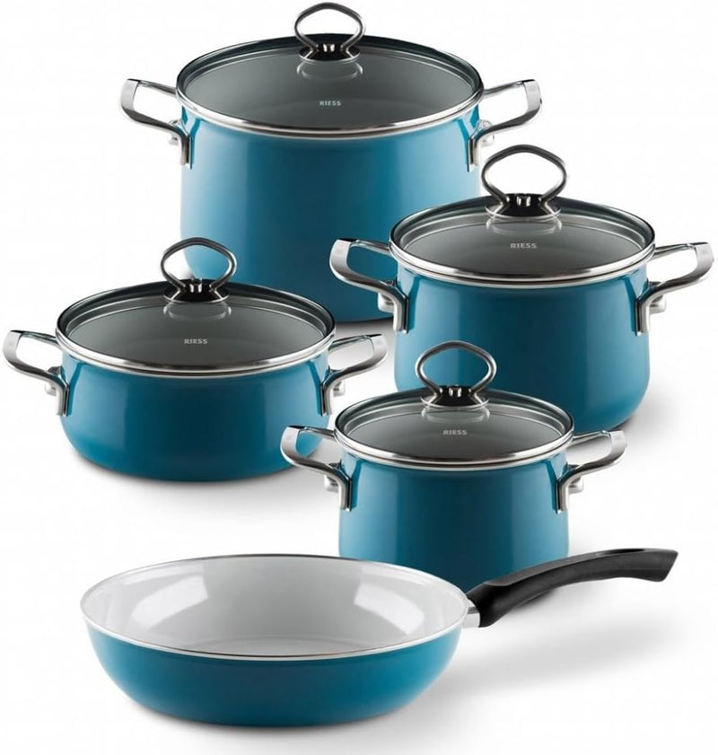 Riess, 0558-010, Emaille-Set 5-teilig, NOUVELLE, AQUAMARIN EXTRA STARK, bestehend aus: Fleischtopf m