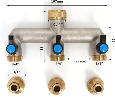 3-Wege Wasserhahn Wasserverteiler aus Messing für 3 Geräte/Gartenschläuche, 3er Verteiler 3/4" Adapt