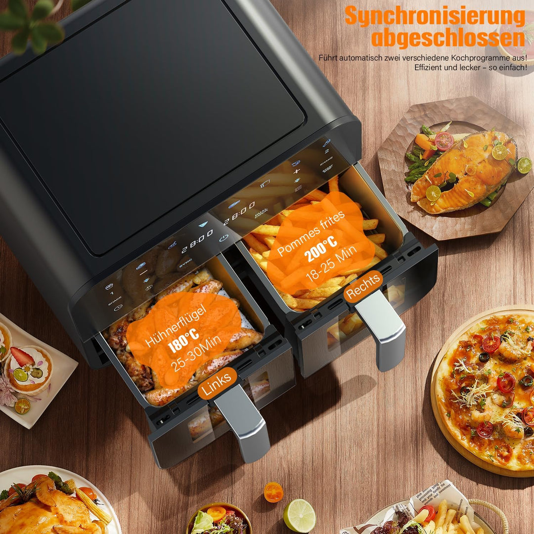 Dual Zone Heissluftfritteuse 9L mit 2 Kamern Kapazität 2 Fächer Sichtfenster Beleuchtung Airfryer To