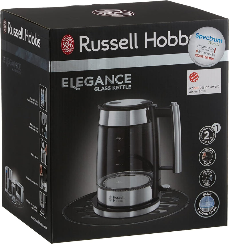 Russell Hobbs Wasserkocher, Glas Elegance, 1.7l, 200W, LED Beleuchtung, Edelstahl, Wasserstandsanzei