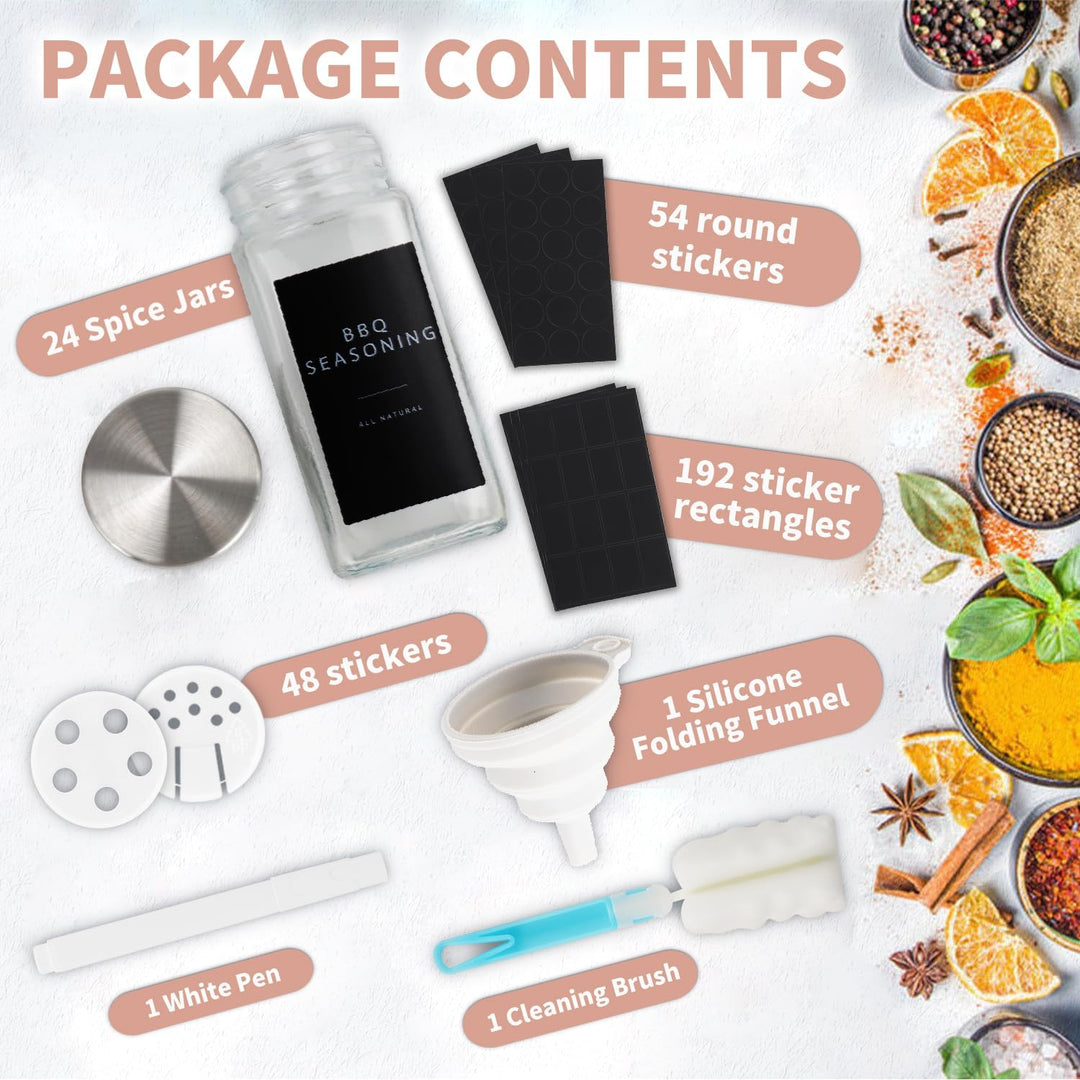 Lannvan Gewürzgläser Eckig Set [24 Stück] mit Edelstahldeckel, 120ml Gewürzdosen mit 246 Etiketten,