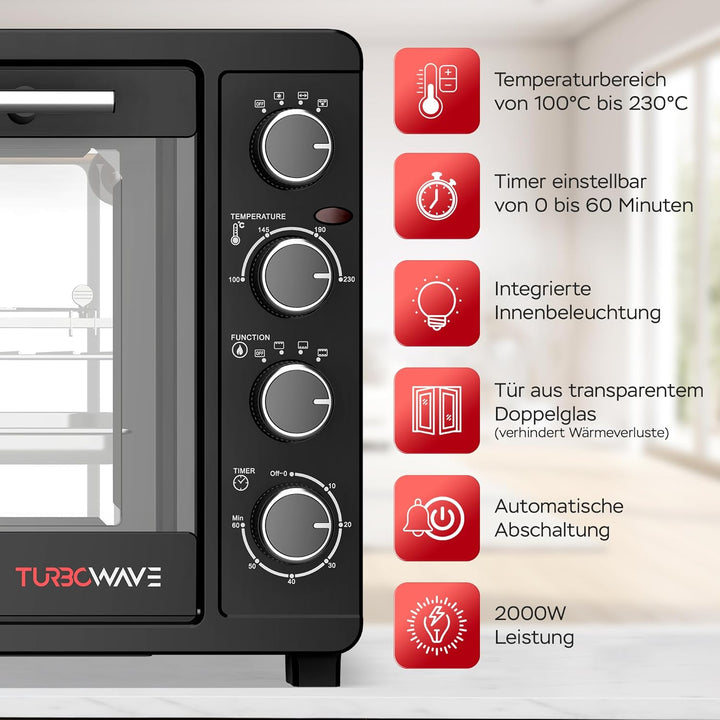 TurboTronic Minibackofen mit Umluft 45L schwarz 2000W, Drehspiess, Timer, Mini Backofen, Pizzaofen,