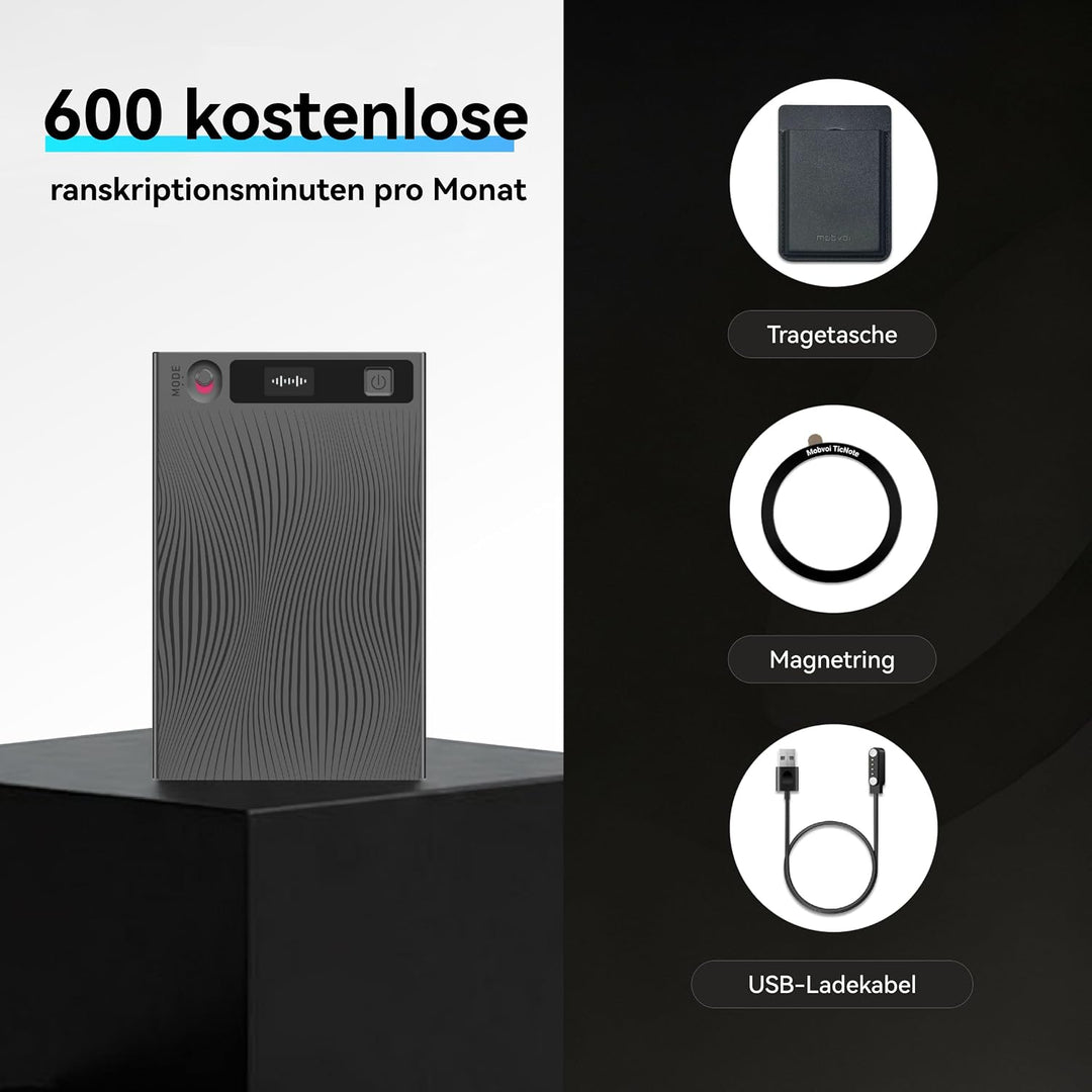 Mobvoi TicNote KI Digitales Diktiergerät, 64 GB Speicher, Notizrekorder mit Hülle, App-Steuerung, üb