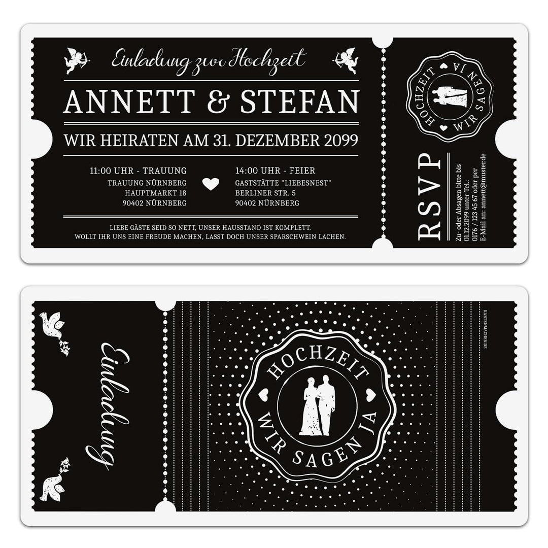 Kartenmachen.de Hochzeit Einladungen Einladungskarten Schwarz-Weiss Ticket Eintritt schwarze Version