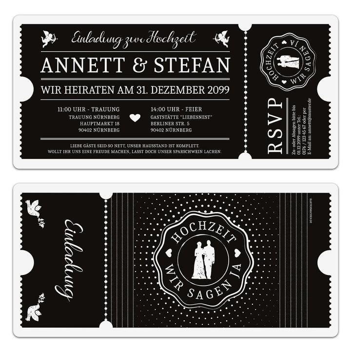 Kartenmachen.de Hochzeit Einladungen Einladungskarten Schwarz-Weiss Ticket Eintritt schwarze Version