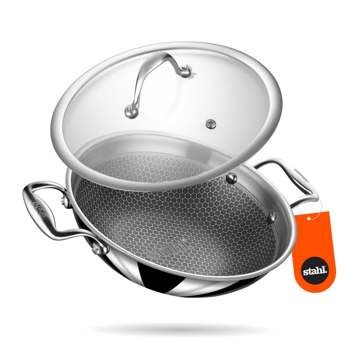 Stahl Artisan Hybrid Triply Antihaft Kadai mit Deckel 2L, 22cm, Edelstahl Kadai für Kochen, Induktio