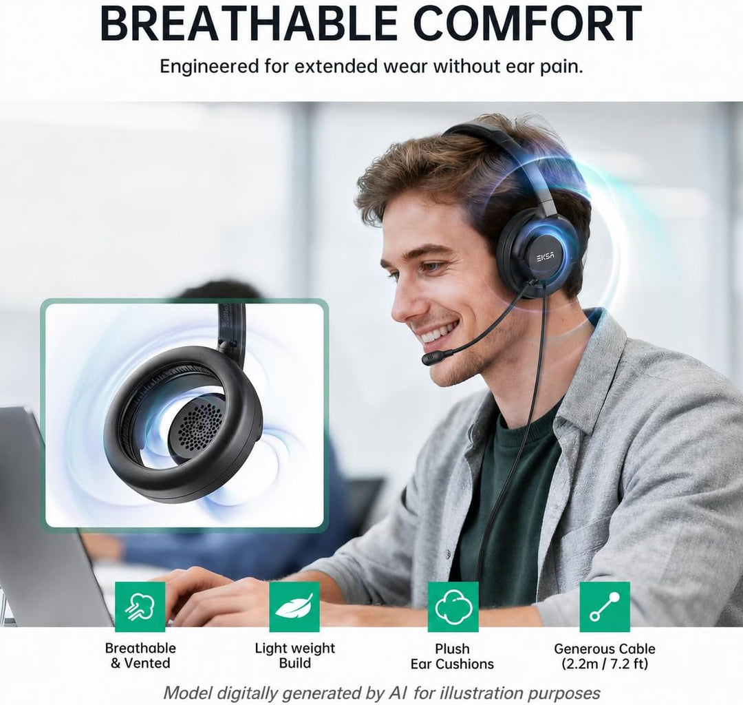 EKSA H27 PC Headset mit Mikrofon, Open-Ear Headset mit Kabel, Headset mit Geräuschunterdrückung, USB