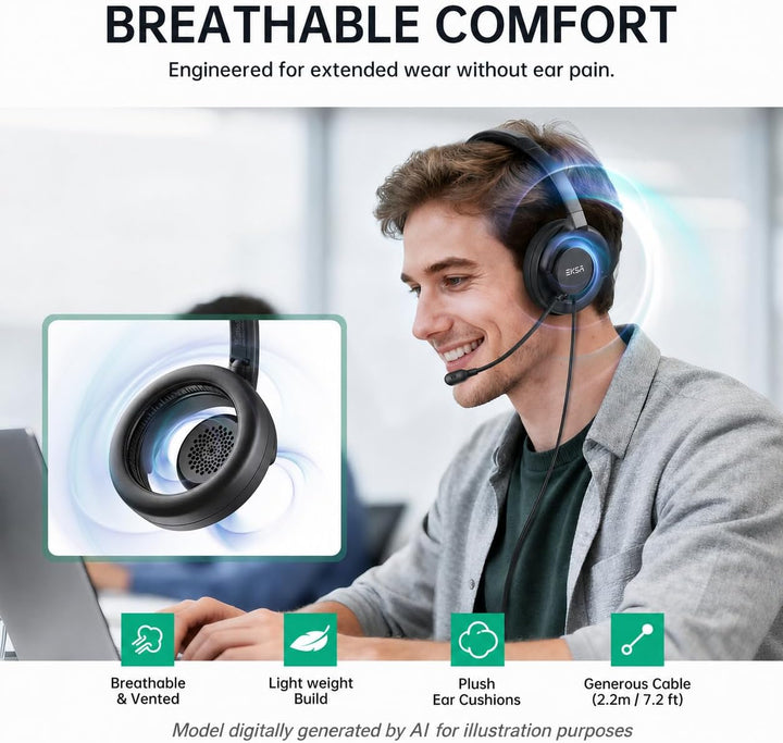EKSA H27 PC Headset mit Mikrofon, Open-Ear Headset mit Kabel, Headset mit Geräuschunterdrückung, USB