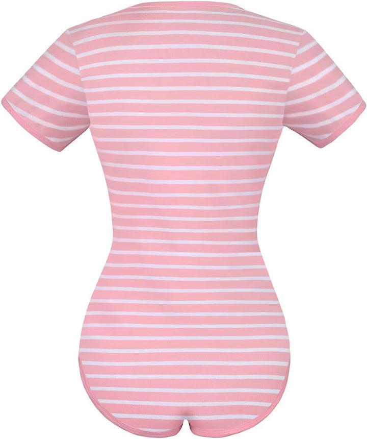 Landofgenie Bodys für Damen Einteiler Bodysuit Jumpsuit Baumwolle Kurzarm Nette Onesie Pyjamas Nacht