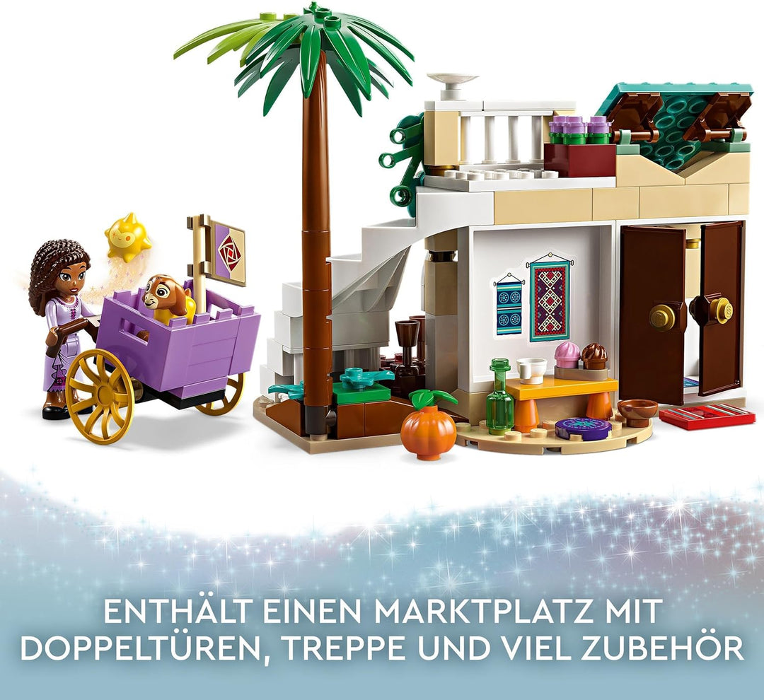 LEGO 43223 Disney Wish Asha in der Stadt Rosas, Wish-Film-Set mit Marktplatz, Asha-Minipuppe, Valent
