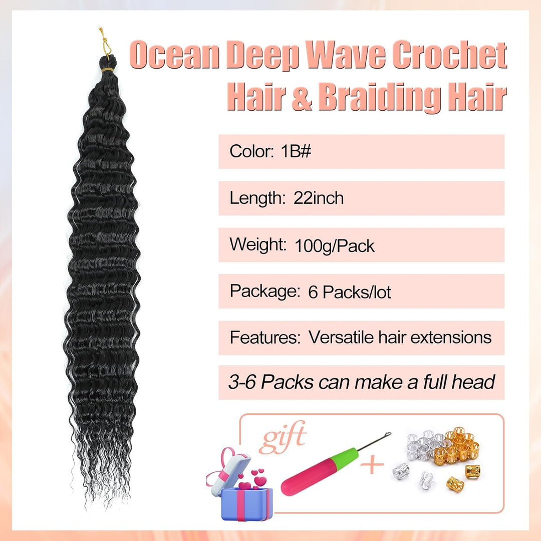 Herkeymidy Ocean Wave Crochet Hair 6 Packs 22 Inch Deep Wave Wavy Braiding Hair Crochet Synthetic Br