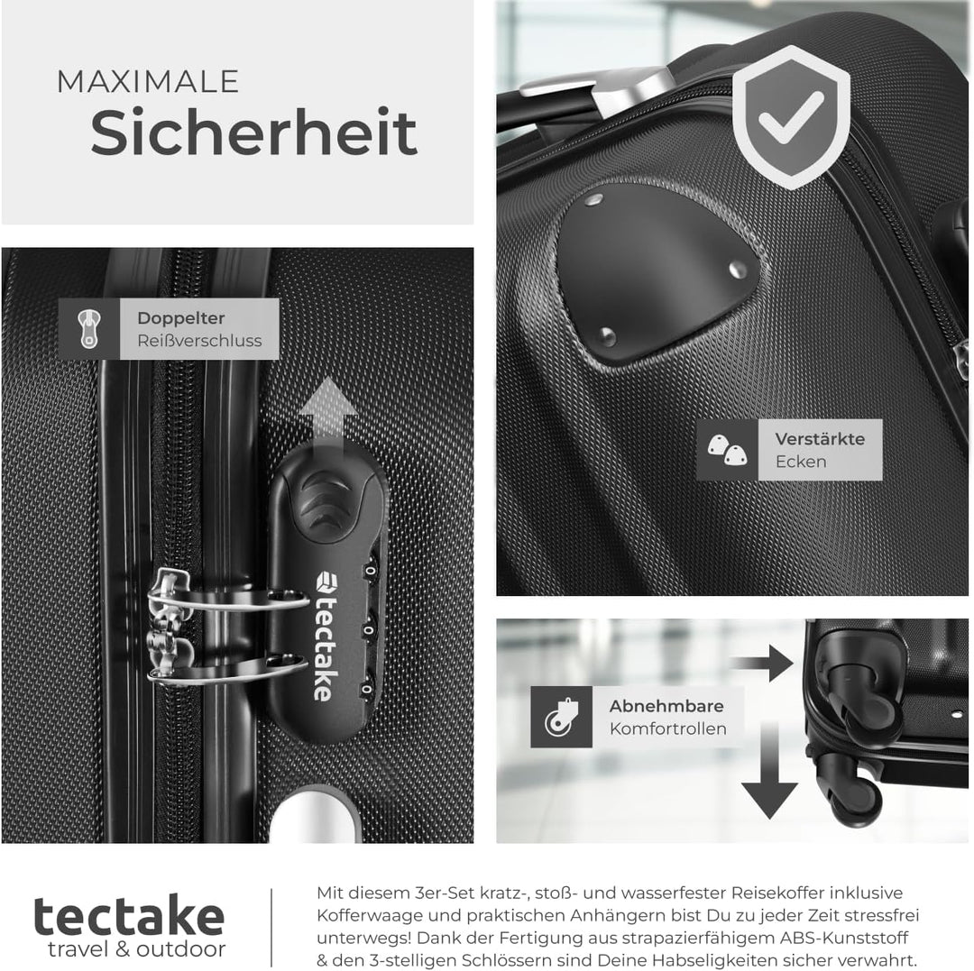 tectake® 3er Kofferset mit Kofferwaage & Kofferanhänger, Reisekoffer Set, ABS Hartschalenkoffer Set,