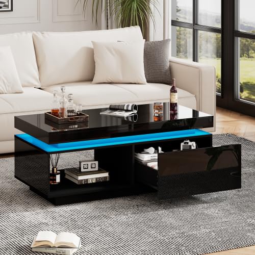 Merax Couchtisch mit LED-Beleuchtung, Hochglanz-Oberfläche, 1 Schublade, 100x50x40 cm, Moderner Sofa