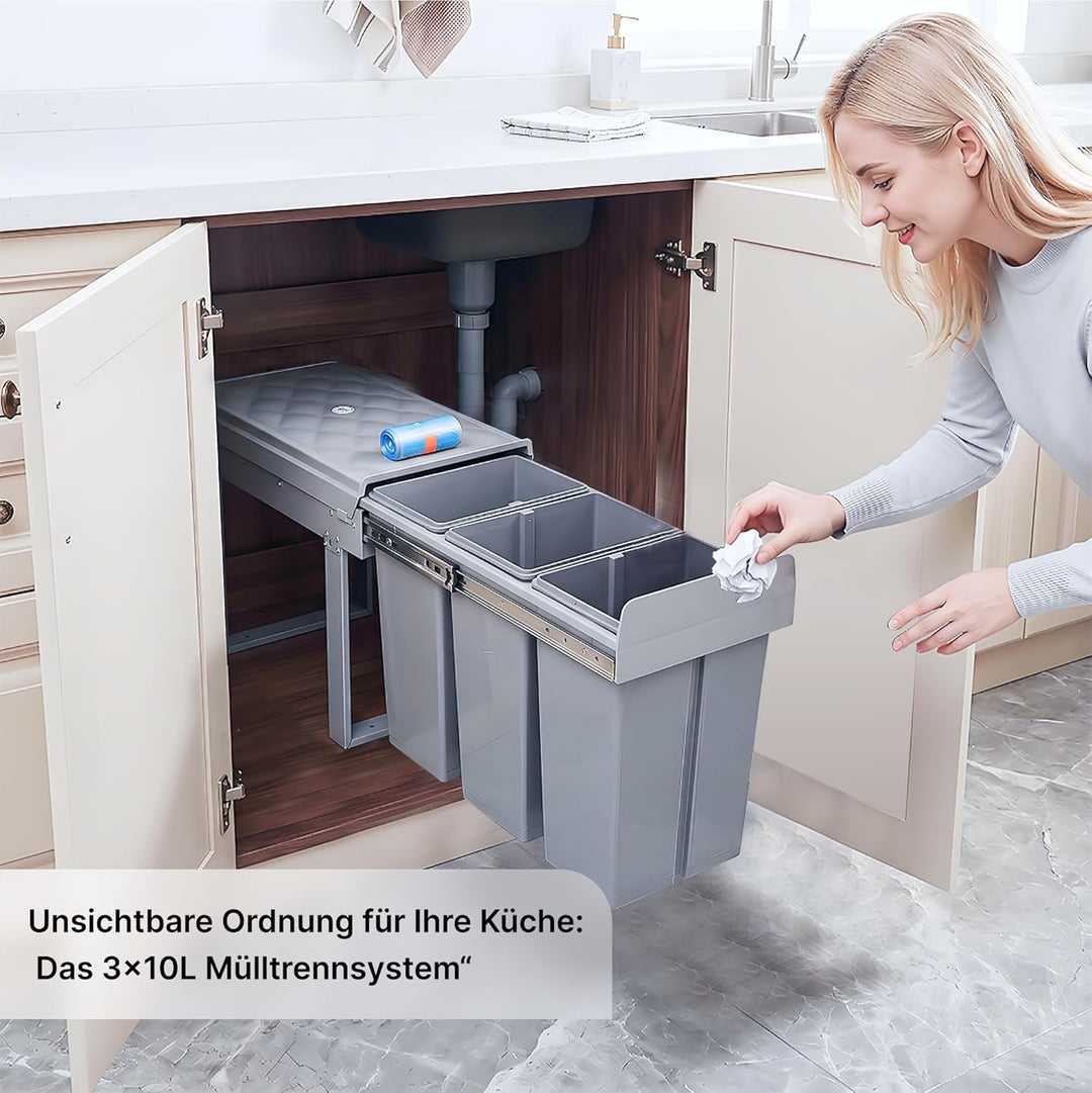 Einbaumülleimer Küche 3 Fächer (3x10L) – Mülltrennsystem für schmale Schränke,5-Punkt-Verstärkung,au