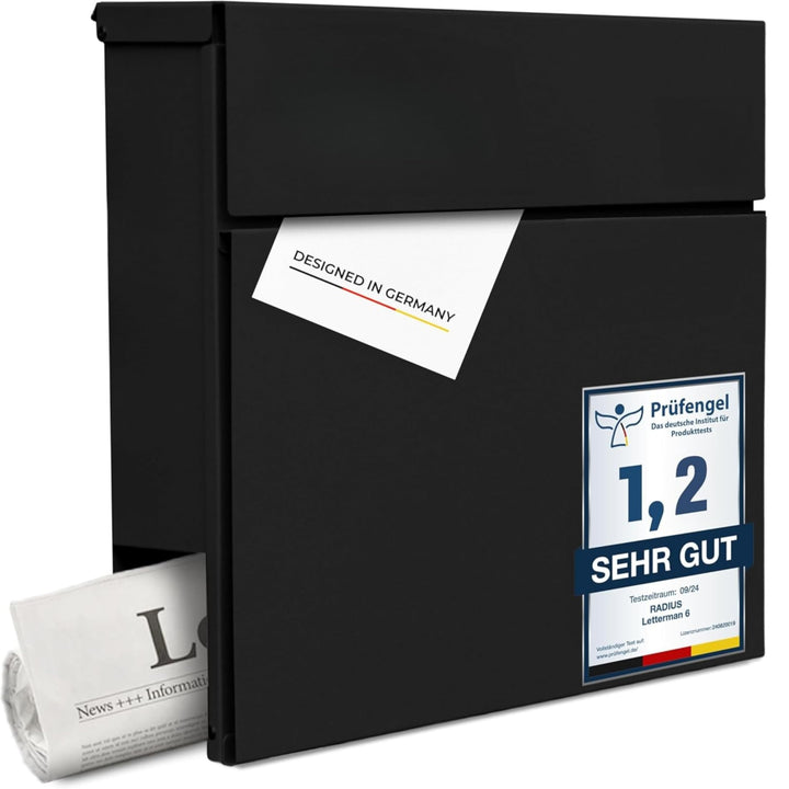 Radius Designer Briefkasten Schwarz – Letterman 6 Basic – Edelstahl V2A Wandbriefkasten mit Zeitungs