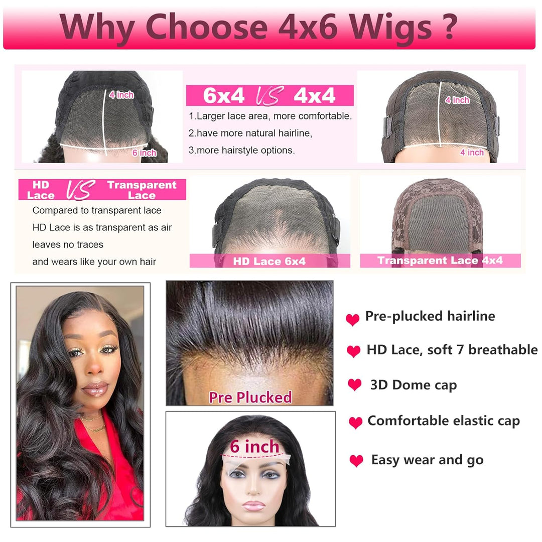 Huarisi HD Lace Front Wigs Human Hair Pre Plucked, 16 inch Body Wave 4x6 Lace Frontal Wigs Real Hair