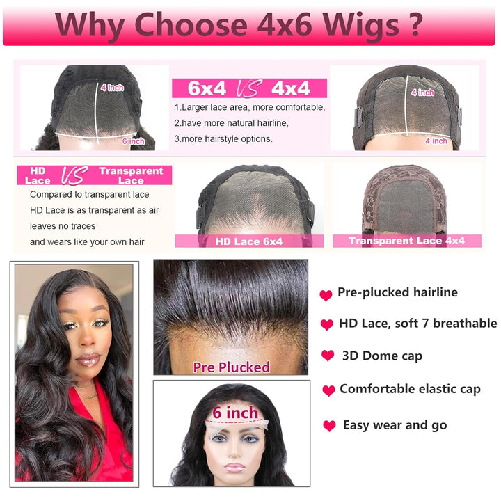 Huarisi HD Lace Front Wigs Human Hair Pre Plucked, 16 inch Body Wave 4x6 Lace Frontal Wigs Real Hair