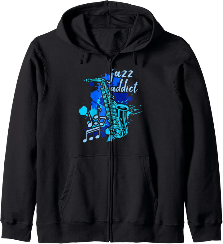 Saxophon Jazz Addict Blaue Musiknoten Blaue Farbtöne Kapuzenjacke