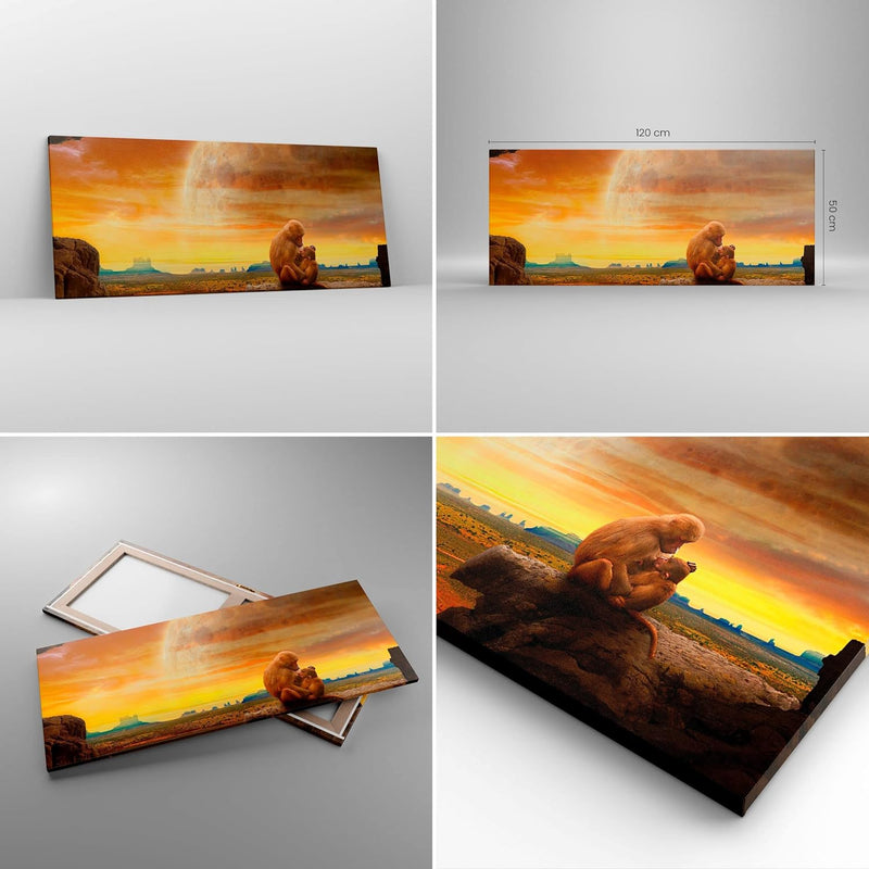 Wandbilder Dekoration Wohnzimmer Affen Mutter Natur Berg Panorama Bilder auf Leinwand 120x50cm Leinw