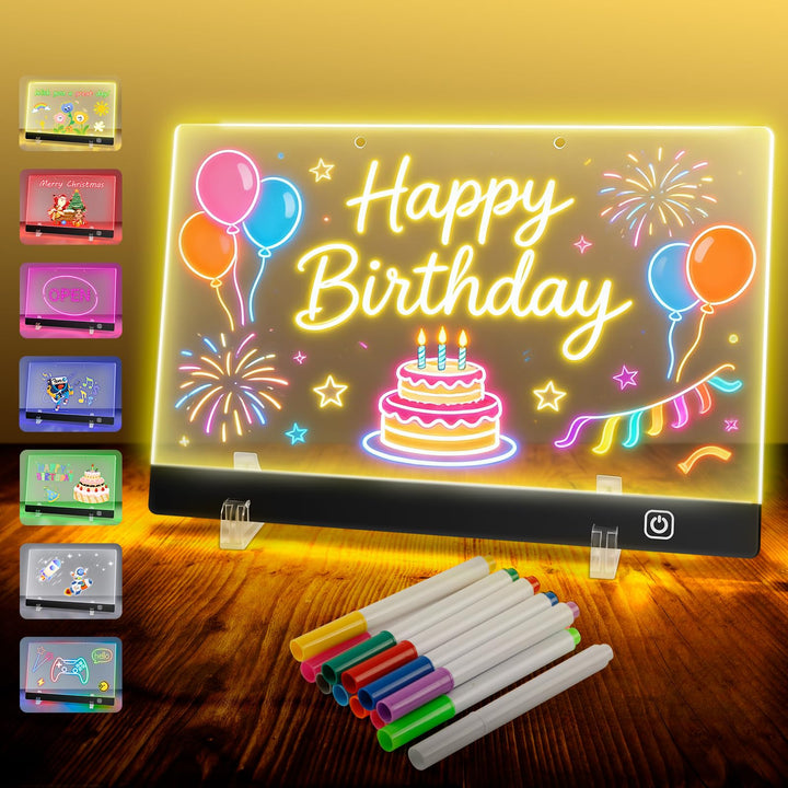 Wiederaufladbar LED Maltafel Kinder 30x20cm mit 7 Lichtfarben & 12 Stiften, Transparente Acryl LED Z