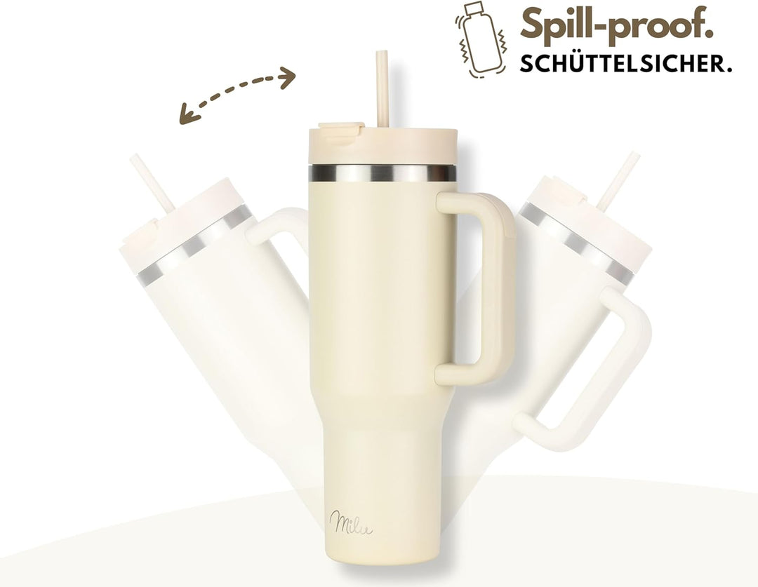 Milu Thermobecher 1200ml mit Strohhalm und Henkel – 48h Eis/24h kalt/12h heiss Edelstahl Tumbler 40o