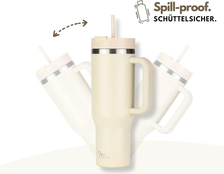 Milu Thermobecher 1200ml mit Strohhalm und Henkel – 48h Eis/24h kalt/12h heiss Edelstahl Tumbler 40o