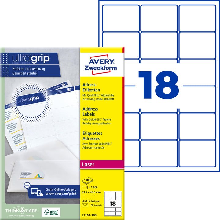 AVERY Zweckform L7161-100 Adressetiketten/Adressaufkleber (1.800 Etiketten mit ultragrip, 63,5x46,6m