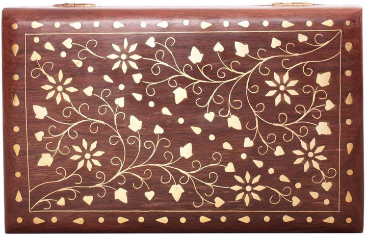 Ajuny Wooden Decorative Jewelry Storage Keepsake Box Organiser with Mughal Inspired Brass Inlay-8x5